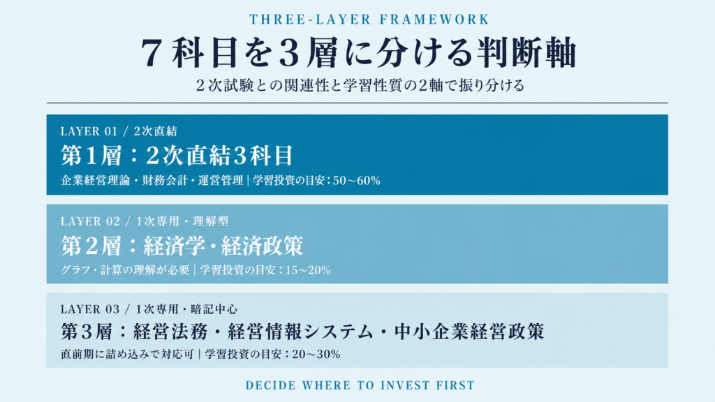 中小企業診断士7科目を第1層（2次直結3科目）・第2層（理解型）・第3層（暗記中心）に振り分けた一覧図