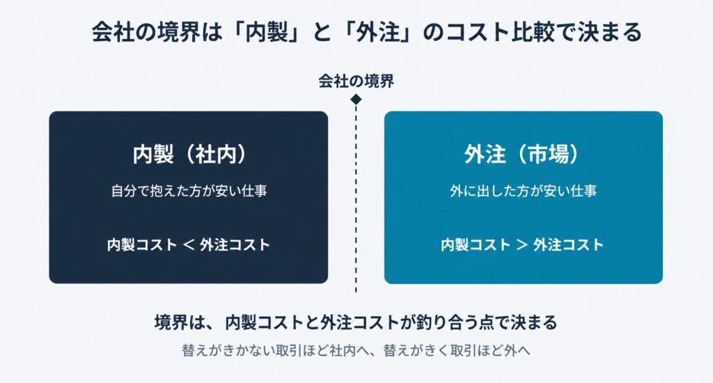 会社の境界は内製コストと外注コストの比較で決まることを示す図